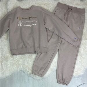 Champion Triple Script Powerblend Pink Beige Crewneck and Joggers 2 pc Sweat Set